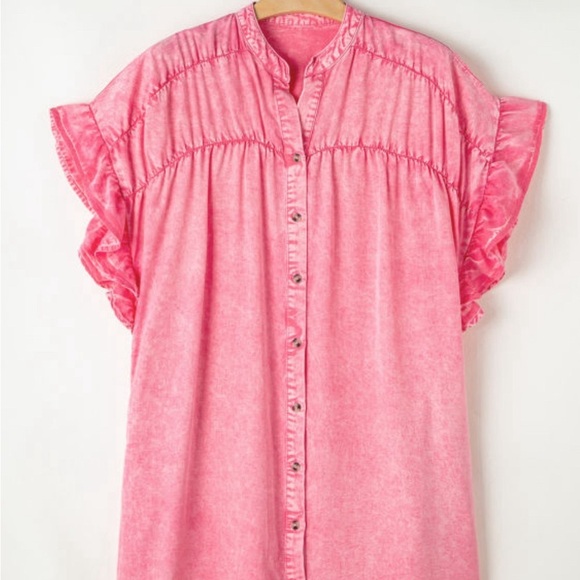 *NEW* Pink Chambray Ruffle Button-Down Boho Dress | Sizes L, XL - Picture 4 of 7